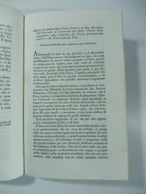 Sopra un curioso fatto fisico. Lettera ... del D. Olinto Dini. (Stralcio da: Nuovo giornale de' letterati. N. 37. 1828) - Olinto Dini - copertina