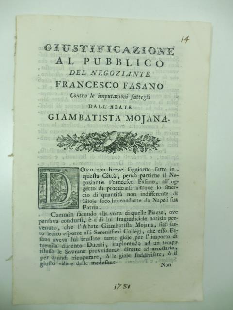 Giustificazione al pubblico del negoziante Francesco Fasano contro le imputazioni fattegli dall'abate Giambatista Mojana - copertina