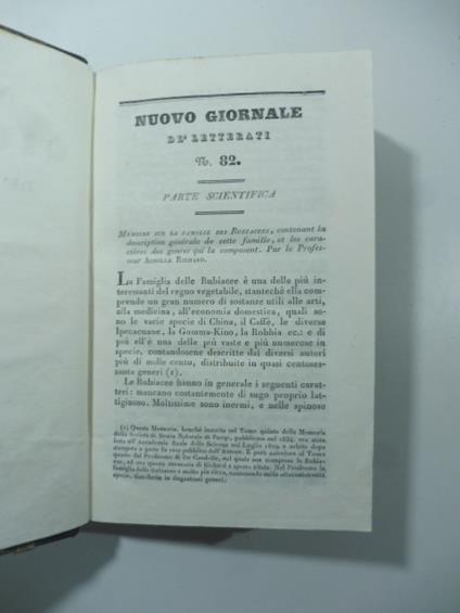 Memoire sur la famille des Rubiacees contenant la description generale de cette famille et les caracteres des genres qui la composent. Par A. Richard. (Stralcio da: Nuovo giornale de' letterati. N. 82. 1835) - copertina