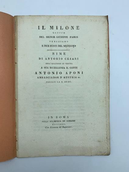 Il Milone. Gruppo del signor Giuseppe Fabris veneziano e due busti del medesimo. Rime - Antonio Cesari - copertina