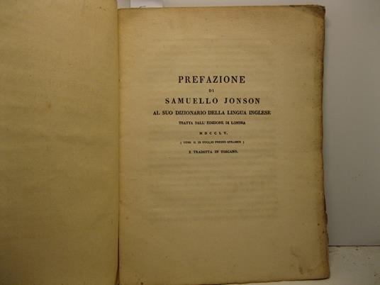 Prefazione di Samuello Jonson al suo dizionario della lingua inglese tratta dall'edizione di Londra MDCCLV... e tradotta in toscano - Samuel Johnson - copertina