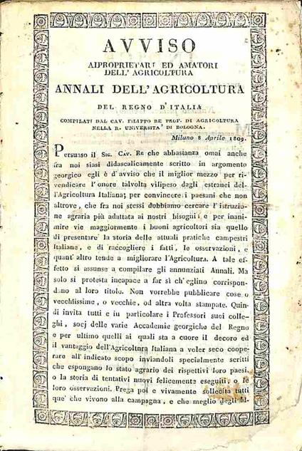 Avviso ai proprietari ed amatori dell'agricoltura. Annali dell'agricoltura del Regno d'Italia compilati dal Cav. Filippo Re .. - Giovanni Silvestri - copertina