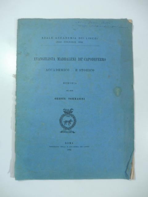 Evangelista Maddaleni de' Capodiferro accademico e storico. Memoria - Oreste Tommasini - copertina