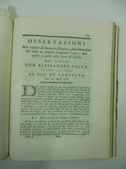 Osservazioni sulle capacita' de' conduttori elettrici e sulla commozione che anche un semplice conduttore e' atto a dare eguale a quello della boccia di Leyden del sig. Don Alessandro Volta in una lettera al sig. De Saussure SEGUE Continuazione dell - Alessandro Volta - copertina