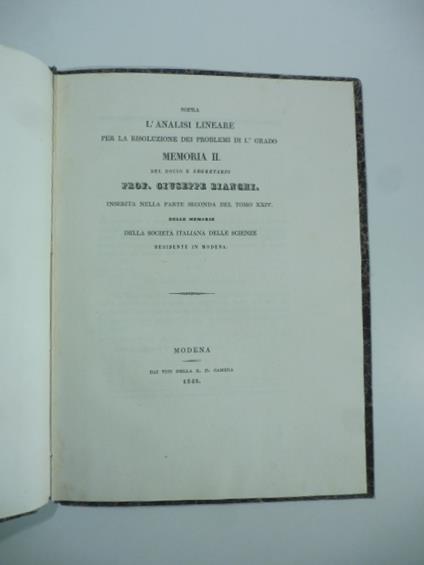 Sopra l'analisi lineare per la risoluzione dei problemi di I grado. Memoria II - Giuseppe Bianchi - copertina