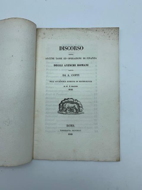 Discorso sopra alcune tasse ed operazioni di finanza degli antichi romani - Antonio Coppi - copertina