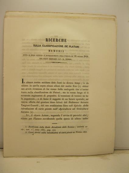 Ricerche sulla classificazione de' platani. Memoria letta al Reale Istituto d'incoraggiamento.. - Michele Tenore - copertina