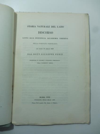 Storia naturale del Lazio. Discorso letto alla Pontificia Accademia Tiberina - Giuseppe Ponzi - copertina