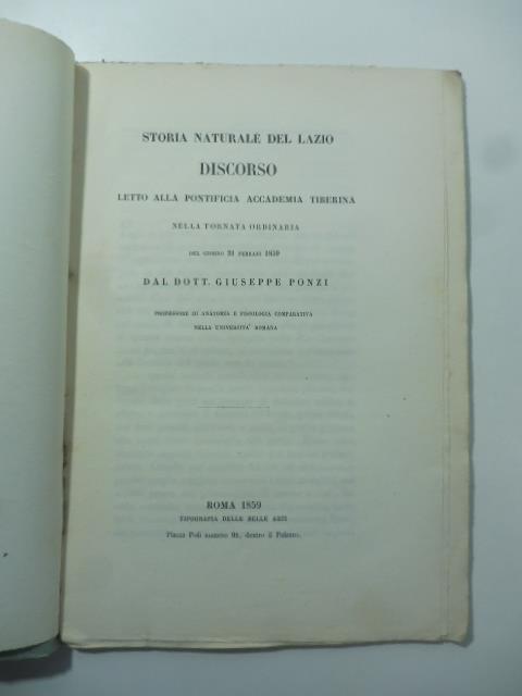 Storia naturale del Lazio. Discorso letto alla Pontificia Accademia Tiberina - Giuseppe Ponzi - copertina