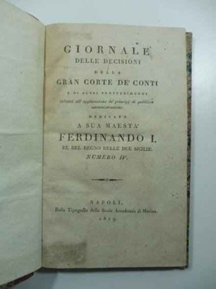 Giornale delle decisioni della Gran Corte de' Conti e di altri provvedimenti relativi all'applicazione de' principj di pubblica amministrazione - copertina