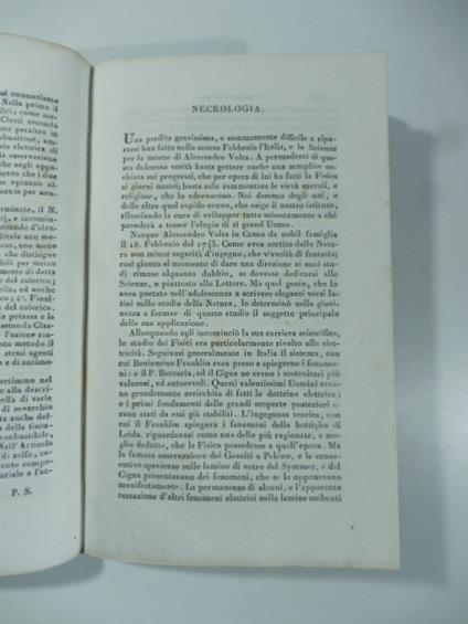 Necrologia. Alessandro Volta. Una perdita gravissima...(Stralcio da: Nuovo giornale de' letterati. N. 32. 1827) - copertina