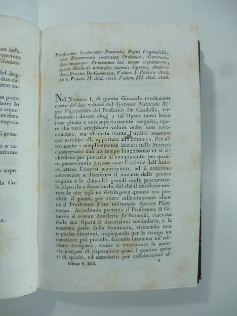 Prodromus systematis naturalis regni vegetabilis...Auctore Aug. Pyramo De Candolle...(Stralcio da: Nuovo giornale de' letterati. N. 40. 1828) - copertina