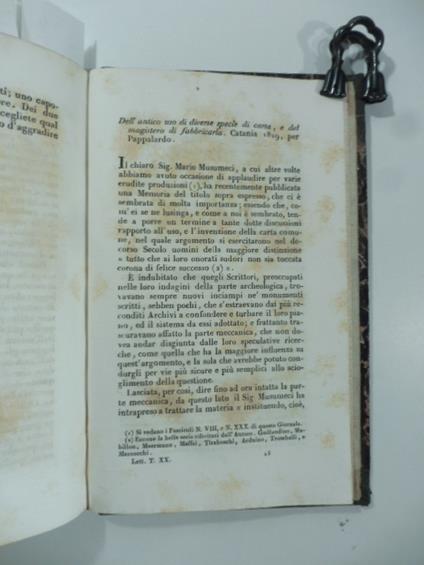 Dell'antico uso di diverse specie di carta e del magistero di fabbricarla. Catania 1829 per Pappalardo. (Stralcio da: Nuovo giornale de' letterati. N. 48. 1829) - copertina