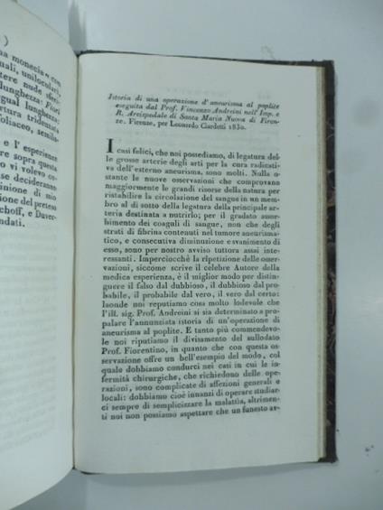 Istoria di una operazione d'aneurisma al poplite eseguita dal P. Vincenzo Andreini. Firenze Ciardetti, 1830. (Stralcio da: Nuovo giornale de' letterati. N. 51. 1830) - copertina