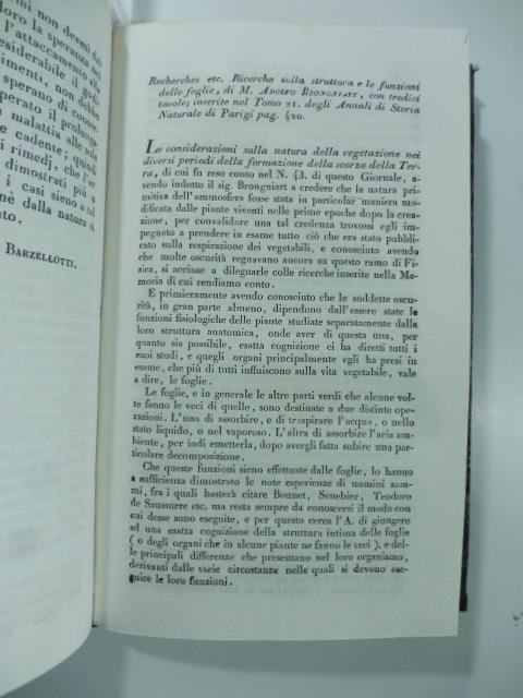 Ricerche sulla struttura e le funzioni delle foglie di M. Adolfo Brongniart...inserite negli Annali di Storia naturale di Parigi. (Stralcio da: Nuovo giornale de' letterati. N. 56. 1831) - copertina