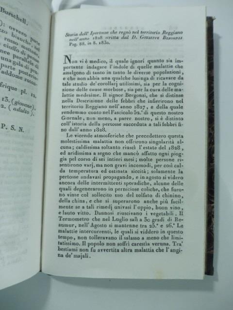 Storia dell'ipertosse che regno' nel territorio Reggiano nell'anno 1828 scritta da G. Bergonzi. P. 88, in 8, 1830. (Stralcio da: Nuovo giornale de letterati. N. 57. 1831) - copertina