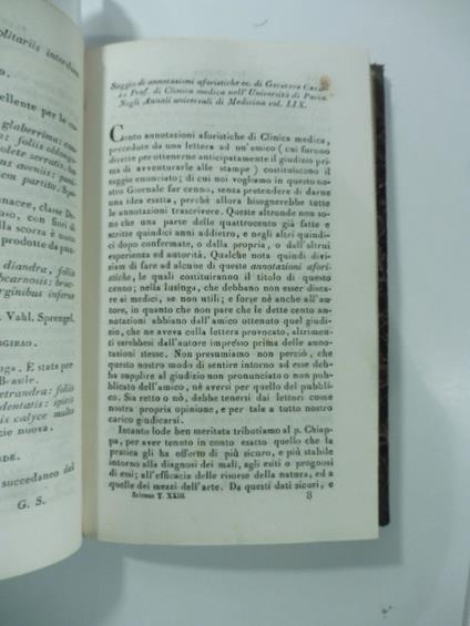 Saggio di annotazioni aforistiche di Giuseppe Chiappa. Prof. di Clinica medica nell'Universita' di Pavia...(Stralcio da: Nuovo giornale de' letterati. N. 59. 1831) - copertina