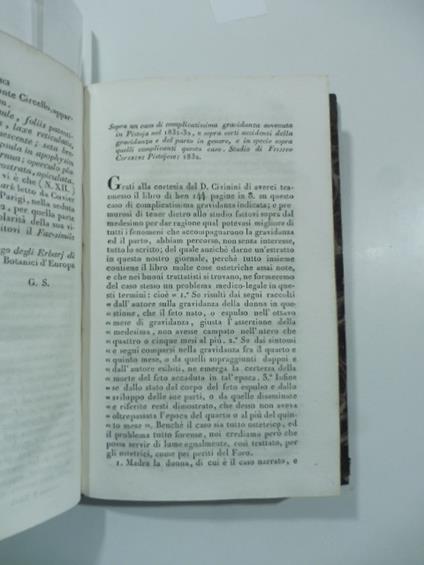 Sopra un caso di complicatissima gravidanza avvenuta in Pistoia nel 1831 - 32 e sopra certi accidenti della gravidanza...(Stralcio da: Nuovo giornale de' letterati. N. 69. 1833) - copertina