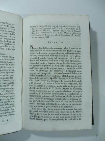 Prospetto ragionato dei casi di ostetricia accaduti nella sala delle gravide dell'Ospedale di S. Maria Nuova...dal G. B. Mazzoni chirurgo...(Stralcio da: Nuovo giornale de' letterati. N. 70. 1833) - copertina