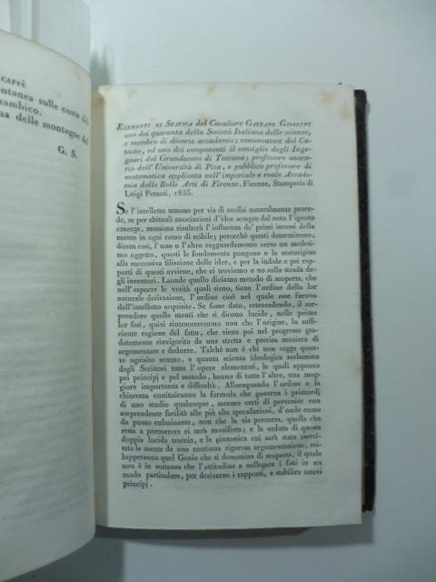 Elementi di statica del Cav. Gaetano Giorgini...Firenze, 1835. (Stralcio da: Nuovo giornale de' letterati. N. 80. 1835) - copertina