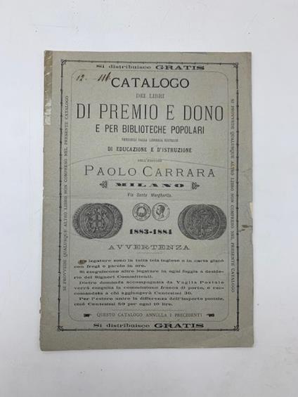 Catalogo dei libri di premio e dono e per biblioteche popolari vendibili dalla libreria di educazione e d'istruzione dell'editore Paolo Carrara - copertina