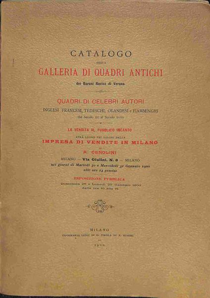 Catalogo della galleria di quadri antichi dei Baroni Ravicz di Verona...vendita al pubblico incanto, Milano - copertina