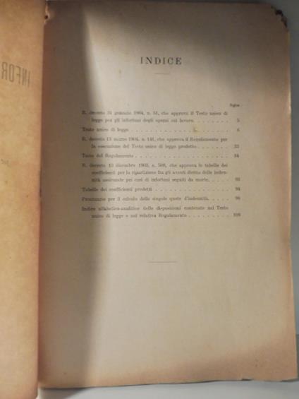 Testo unico di legge per gli infortuni degli operai sul lavoro e regolamento 13 marzo 1904, n.141 - copertina