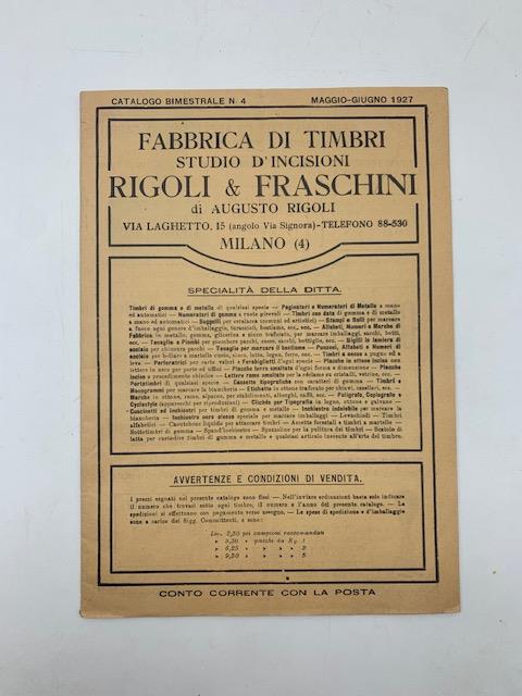 Fabbrica di timbri. Studio d'incisioni Rigoli & Fraschini di Augusto Rigoli, Milano. Catalogo bimestrale n. 4, maggio-giugno 1927 - copertina