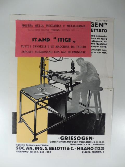 Tagliatrice Griesogen. Modello KS brevettato. Soc. Ing. S. Belotti. Foglio pubblicitario - copertina