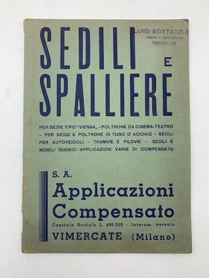 Soc. Anonima applicazioni compensato Vimercate. Catalogo sedili e spalliere per sedie tipo Vienna, poltrone da cinema, teatro - copertina