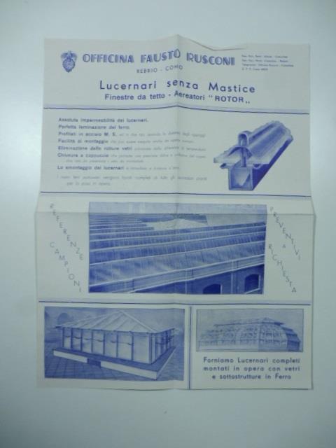 Officina Fausto Rusconi Rebbio, Como. Lucernari senza mastice. Finestre da tetto... Foglio pubblicitario - copertina