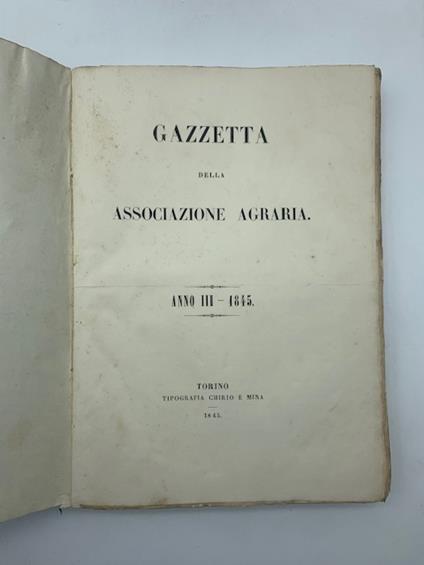 Gazzetta della Associazione Agraria. Anno III - 1845 - copertina