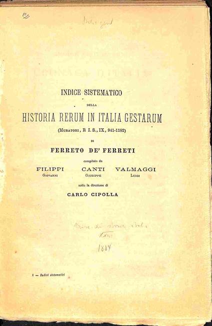 Indice sistematico della Historia rerum in Italia gestarum (Muratori, R.I.S., 9, 941-1182) di Ferreto de' Ferreti - copertina