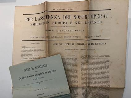 Per l'assistenza dei nostri operai emigrati in Europa e nel Levante. Bisogni e provvedimenti. Numero unico. Edito dal Consiglio Centrale dell'opera - copertina