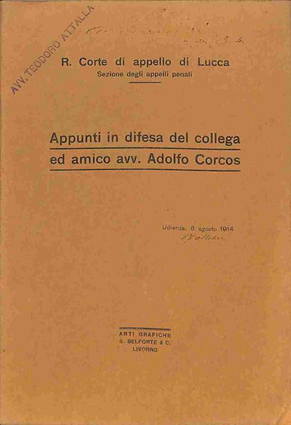 Appunti in difesa del collega ed amico avv. Adolfo Corcos - copertina