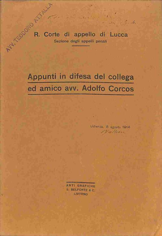 Appunti in difesa del collega ed amico avv. Adolfo Corcos - copertina