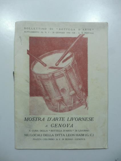 Bollettino di Bottega d'Arte, Livorno, supplemento al n. 1, 20 gennaio 1930. Mostra d'arte livornese a Genova - copertina