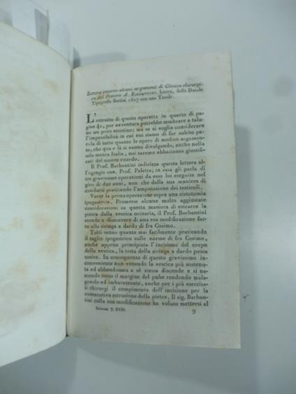 Lettera intorno alcuni argomenti di clinica chirurgica del D. A. Barbantini. Lucca, Bertini, 1827. (Stralcio da: Nuovo giornale de' letterati. N. 44. 1829) - A. Mazzoni - copertina