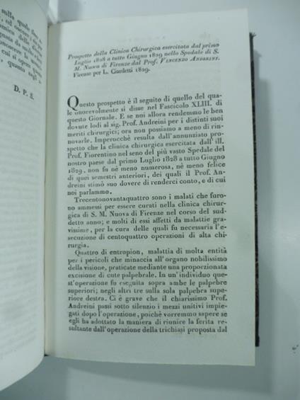 Prospetto della clinica chirurgica esercitata dal primo Luglio 1828 a tutto giugno 1829 nello spedale di S. Maria Nuova di Firenze dal P. V. Andreini. Firenze, Ciardetti, 1829. (Stralcio da: Nuovo giornale de' letterati. N. 56. 1831) - A. Mazzoni - copertina