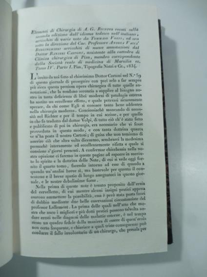 Elementi di chirurgia di A. G. Richter ... arricchiti da Ranieri Cartoni...Tomo IV. Pisa Nistri 1834. (Stralcio da: Nuovo giornale de' letterati. N. 76. 1834) - Filippo Pacini - copertina