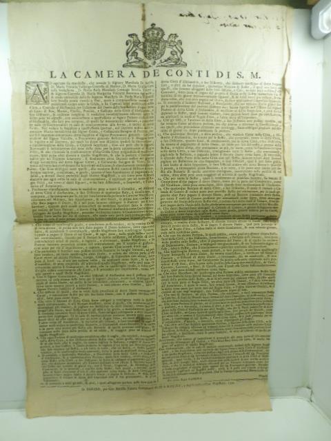 La Camera de Conti di S. M. Ad ognuno sia manifesto che avendo le signore Marchesa D. Incisa D. Maria Vittoria Valperga Contessa di Masino... avuto ricorso a noi, accio' ci compiacessimo mandar republiccarsi cadun anno la Grida o sia capitoli soliti - copertina