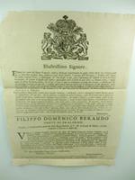 Illustrissimo Signore. Esponesi per parte del Signor Francesco Andrea Delpiano confetturiere in questa citta'... esserle stata deliberata dalle Regie Gabelle l'Accensa dell'Entranea e Transito dell'Acquavita della presente Citta'..