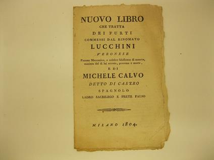 Nuovo libro che tratta dei furti commessi dal rinomato Lucchini veronese famoso meccanico, e celebre falsificatore di monete, maniera del di lui arresto, processo e morte, e di Michele Calvo detto di Castro spagnolo ladro sacrilego e prete falso - copertina