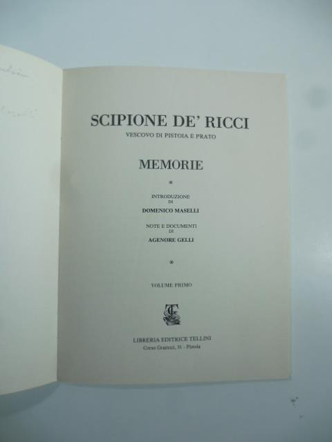 Scipione De'Ricci Vescovo di Pistoia e Prato: Memorie - copertina