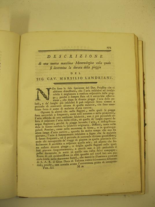 Descrizione di una nuova macchina meteorologica colla quale si determina la durata della pioggia SEGUE Transunto delle osservazioni del sig. Gio. Crist. Policarpo Erxleben sul raffreddamento de' corpi - copertina