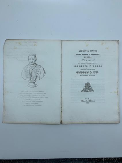 Adunanza tenuta dalla Camera di Commercio di Roma il di' 19 maggio 1836 per la solenne inaugurazione del busto in marmo della Santita' di nostro signore Gregorio XVI - copertina