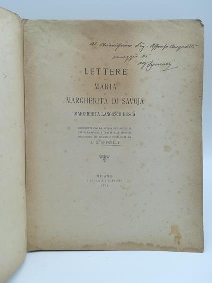 Lettere di Maria Margherita di Savoja a Margherita Langosco Busca. Documenti per la storia del Regno di Carlo Emanuele I tratti dall'archivio Sola Busca di Milano - copertina