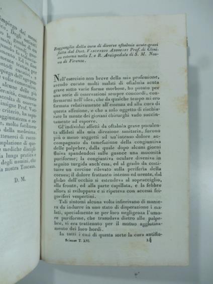 Ragguaglio della cura di diverse oftalmie acute gravi fatta dal Dott. Vincenzo Andreini...Firenze. (Stralcio da: Nuovo giornale de' letterati. N. 39. 1828) - copertina