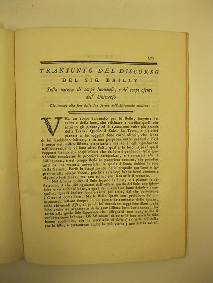 Transunto del discorso del sig. Bailly sulla natura de' corpi luminosi e de' corpi oscuri dell'universo che trovasi alla fine della sua storia dell'astronomia moderna - copertina