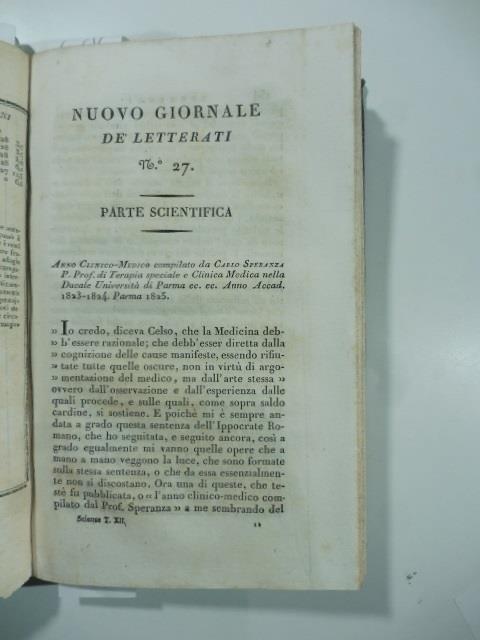 Anno clinico - medico compilato da Carlo Speranza...Universita' di Parma... (Stralcio da: Nuovo giornale de' letterati. N. 27. N. 40. 1826 - 1828) - copertina